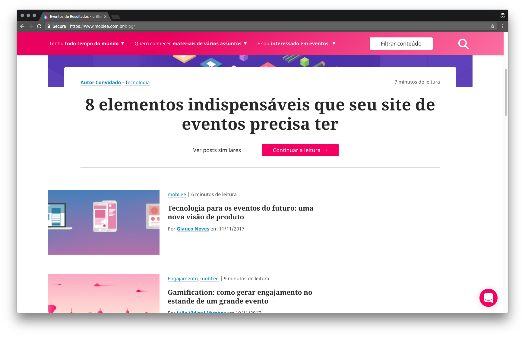 Imagem do blog do site institucional da mobLee, com a barra de filtros no topo